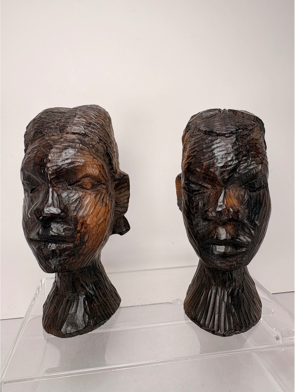 Vintage Hand Carved Wood African Style Busts Pair Tribal Folk Art Sculptures